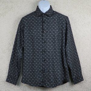 Silverstone* Men's Long Sleeve Button Down Curved‎ Hem BOHO Print Shirt~ Large
